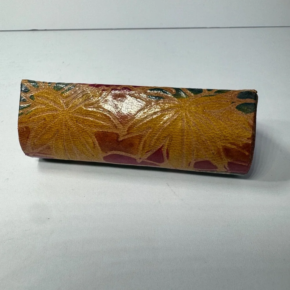 Vintage Genuine Leather Lipstick Case Mirror Embossed Elephant Palm‎ Made India